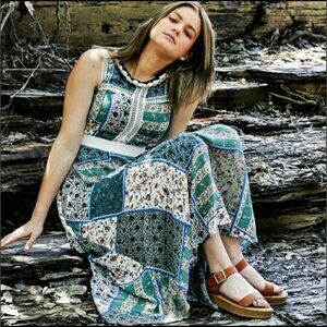 La Diosa patchwork open stitch fit & flare midi dress multicolor